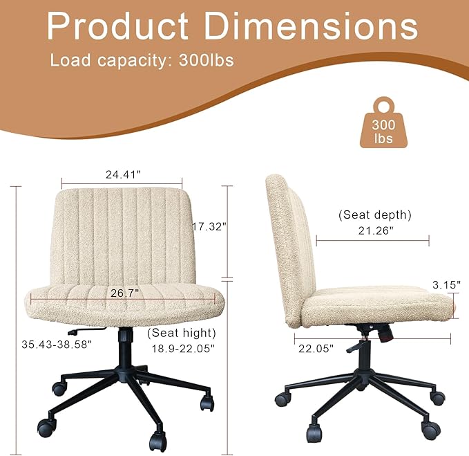 Criss Cross Chair with Wheels, Armless Cross Legged Office Desk Chair,Comfortable Swivel High Adjustable Wide Seat Chair for Home Office (Beige) - LeafyLoom