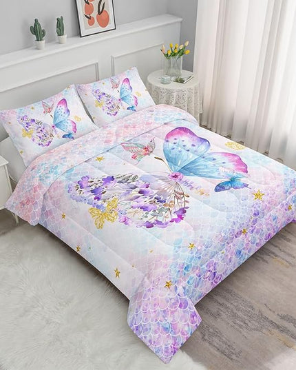 Datura home Butterfly Comforter Set Scales Butterfly Printed Quilt Bedding Set with 1 Comforter and 2 Pillowcases for Boys and Girls Bedroom All Season(Butterfly Scales Full) - LeafyLoom