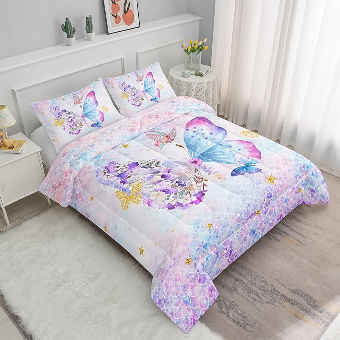 Datura home Butterfly Comforter Set Scales Butterfly Printed Quilt Bedding Set with 1 Comforter and 2 Pillowcases for Boys and Girls Bedroom All Season(Butterfly Scales Full) - LeafyLoom