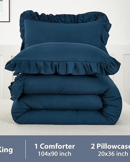 Andency Navy Blue Comforter Set King Size, 3 Pieces Boho Lightweight All Season Solid Bedding Comforters & Sets, Double Women Men Shabby Chic Bed Set(104x90In Comforter & 2 Pillowcases) - LeafyLoom