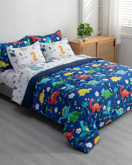 Wajade 7 Piece Kid Boys Dinosaur Comforter Set Queen Size 3D Blue Dinosaur Wild Park Jungle Print Bedding Set with Comforter, Sheet Set, Pillowcase and Sham - LeafyLoom