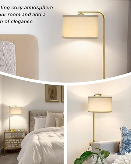 Fully Dimmable Bedside Lamp with Dual USB Ports, Mordern Gold Nightstand Lamp Desk Reading Lamp with Beige Drum Shade, Tall Side Table Lamp for Living Room Bedroom Office, 9W LED Bulb Included - LeafyLoom