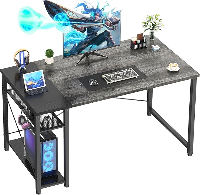 39.4'' Gaming Desk, 39 Inches Computer Desk with Storage, Small Desk for Small Space, Simple Study Student Writing Desk, Laptop Table for Home Office, Grey and Black - LeafyLoom