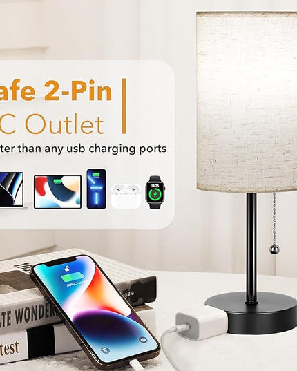 Small Table Lamp for Bedroom Set of 2 - Bedside Table lamps for Nightstand, 3 Color Temperatures Side Table Lamp with AC Outlet 2PK Black(2 Blubs Included). - LeafyLoom