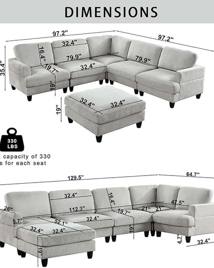 129.5" Modular Sectional Couch with Ottoman,6 Seat Chenille Corner Sofa with Seat Cushions Have a Built-in sSpring Pack,Multi-layered Plywood,for Living Room, Apartment, Bedroom, Office - LeafyLoom