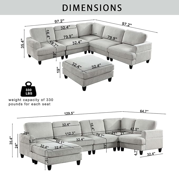 129.5" Modular Sectional Couch with Ottoman,6 Seat Chenille Corner Sofa with Seat Cushions Have a Built-in sSpring Pack,Multi-layered Plywood,for Living Room, Apartment, Bedroom, Office - LeafyLoom