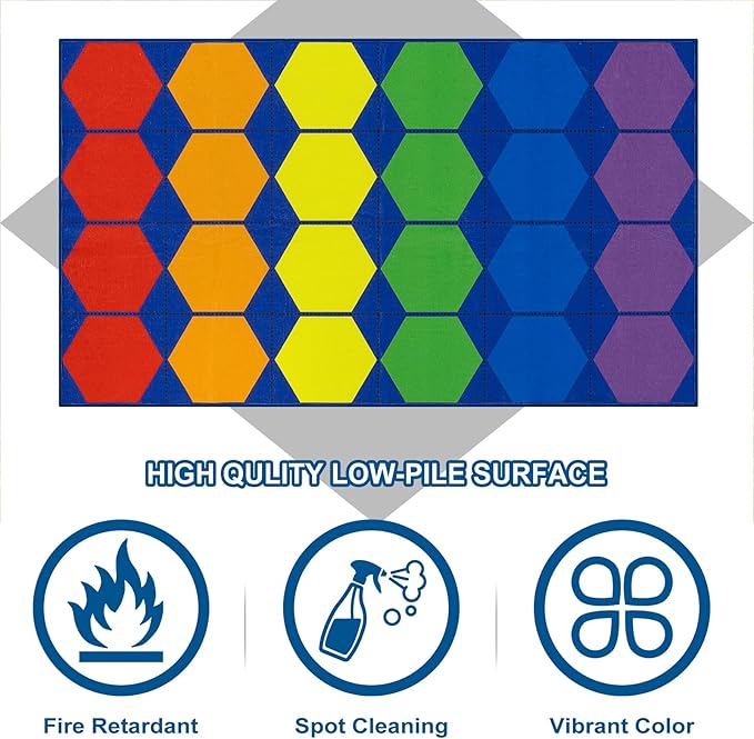 LIVEBOX Hexagon Kids Rug for Classroom, Washable Classroom Carpet for School, Nursery, Colorful Children's Classroom Area Rugs Non-Slip Playroom Mat for Daycare Learning,13'x7'5"(Seats-24) - LeafyLoom