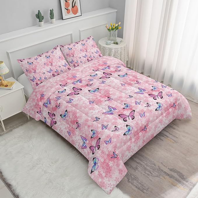 Datura home Kids Comforter Set Girls Pink Flower Butterfly Printed Pattern Quilt Bedding with 1 and 2 Pillowcases for Bedroom All Season(Pink Queen) Queen 90x90inches - LeafyLoom