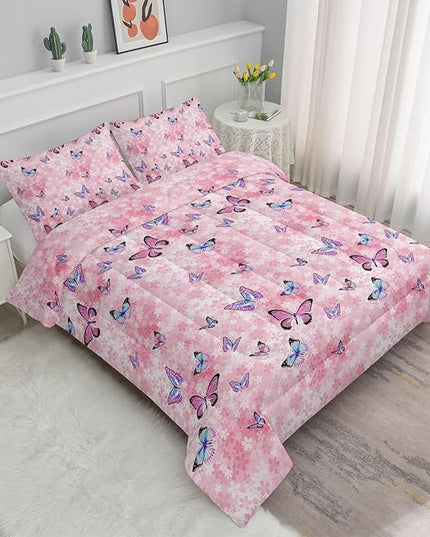 Datura home Kids Comforter Set Girls Pink Flower Butterfly Printed Pattern Quilt Bedding Set with 1 Comforter and 2 Pillowcases for Girls Bedroom All Season(Pink Flower Butterfly Twin 68x86inch) - LeafyLoom
