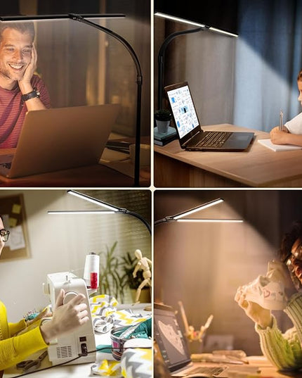 Led Desk Lamp for Office Home - 24W Double Head Architect Desk Light with Clamp & Timer, Eye Caring Folding Table Lamp Gaming Desktop Computer LED Lights Desk Supplies for Workbench Studing Drafting - LeafyLoom
