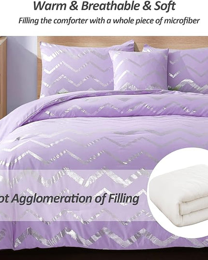 Purple/Silver Comforter Set Queen, Lavender Metallic Print Glitter Bedding Set Cute Shinny Lilac Bed Sets for Teen Girls Kids Women, 4 Piece (2 Pillowcases, 1 Decorative Pillow Sham) - LeafyLoom
