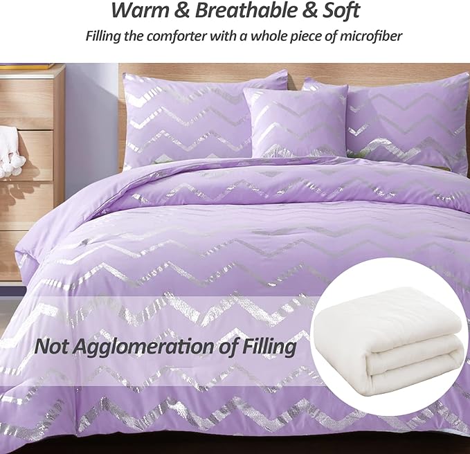 Purple/Silver Comforter Set King, Lavender Metallic Print Glitter Bedding Set Cute Shinny Lilac Bed Sets for Teen Girls Kids Women, 4 Piece (2 Pillowcases, 1 Decorative Pillow Sham) - LeafyLoom