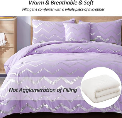 Purple/Silver Comforter Set Twin, Lavender Metallic Print Glitter Bedding Set Cute Shinny Lilac Bed Sets for Teen Girls Kids Women, 3 Piece (1 Pillowcase, 1 Decorative Pillow Sham) - LeafyLoom