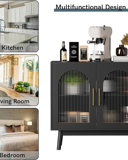 Set of 3 Sideboard Buffet Cabinet, Accent Kitchen Storage Cabinet with Glass Doors, Modern Console Table TV Stand with Adjustable Shelves for Living Room, Dining Room, Black - LeafyLoom