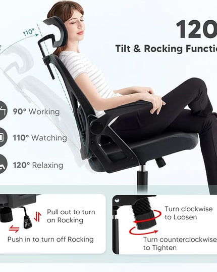 SEATZONE Dark Gray Office Chair, Ergonomic Desk Chair with Adjustable Headrest,Lumbar Support, High Back Mesh Computer Chair with Wheels and Flip-up Armrests Task Chairs, Executive Chairs - LeafyLoom