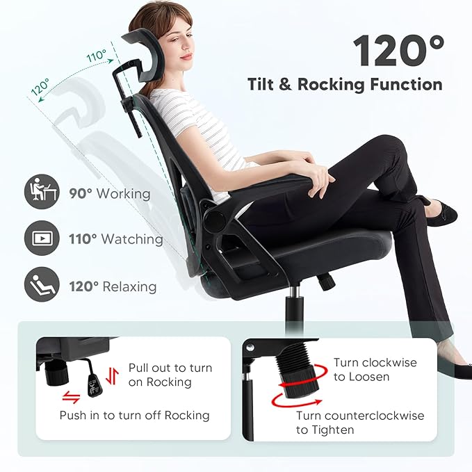 SEATZONE Dark Gray Office Chair, Ergonomic Desk Chair with Adjustable Headrest,Lumbar Support, High Back Mesh Computer Chair with Wheels and Flip-up Armrests Task Chairs, Executive Chairs - LeafyLoom