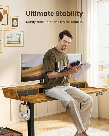 ErGear Electric Standing Desk with Drawers, 40″ x 24″ Gaming Desk with Monitor Stand, C-Clamp Mount Compatible, Home Office Height-Adjustable Desk with Storage Shelf, 4 Preset Heights, Vintage Brown - LeafyLoom