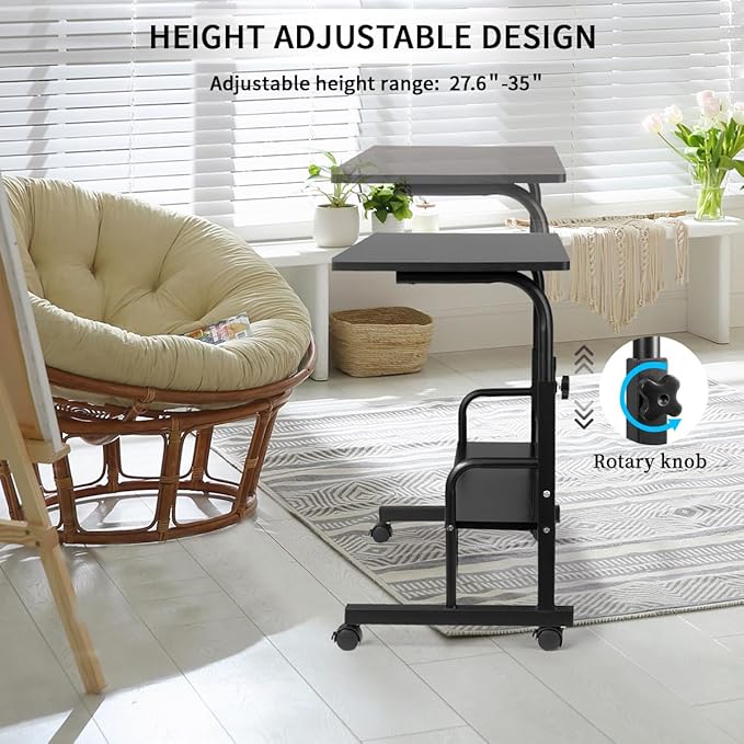 SIDUCAL Rolling Laptop Cart, Portable Laptop Desk, Computer Desk on Wheels Adjustable Height, Mobile Laptop Desk, Rolling Computer Cart, Rolling TV Cart, Small Portable Desk for Laptop, 23.6'' Black - LeafyLoom