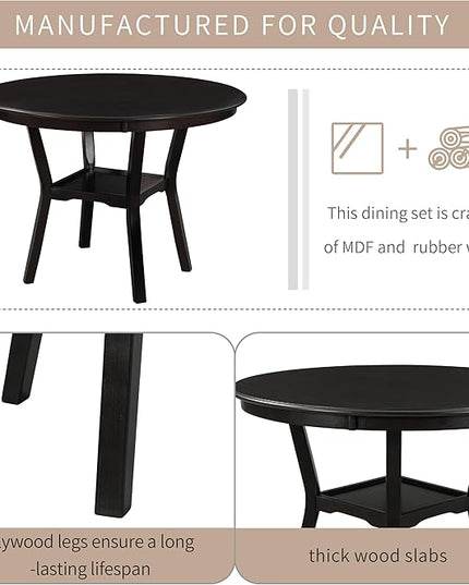 5-Piece Dinette Sets includes Round Kitchen Dining Table with Bottom Shelf, 4 Upholstered Chairs, for Diningroom Living Room, Easy to Assemble, Espresso 3 - LeafyLoom