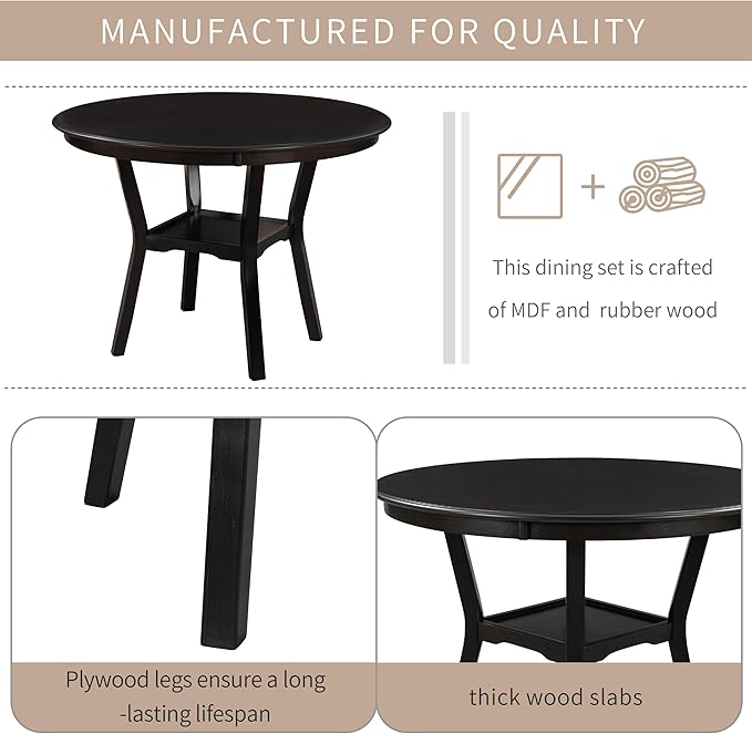 5-Piece Dinette Sets includes Round Kitchen Dining Table with Bottom Shelf, 4 Upholstered Chairs, for Diningroom Living Room, Easy to Assemble, Espresso 3 - LeafyLoom