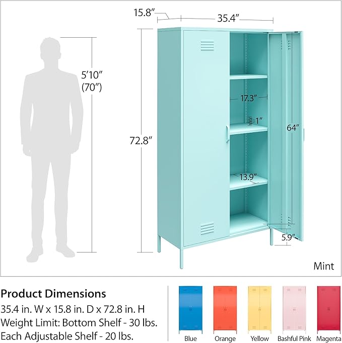 Novogratz Cache 2 Door Tall Metal Locker Style Storage Cabinet, Magenta - LeafyLoom