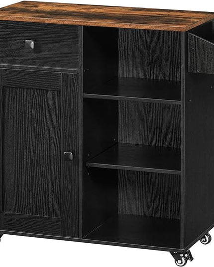 HOOBRO Kitchen Island, Storage Cabinet with Drawer, Kitchen Cart with Spice and Towel Rack, Saving Space, Easy Assembly, for Living Room, Rustic Brown and Black FB12ZD01 - LeafyLoom