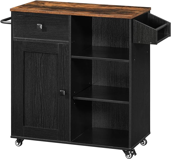 HOOBRO Kitchen Island, Storage Cabinet with Drawer, Kitchen Cart with Spice and Towel Rack, Saving Space, Easy Assembly, for Living Room, Rustic Brown and Black FB12ZD01 - LeafyLoom