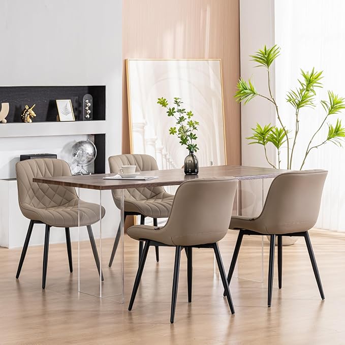 YOUNUOKE Dining Chairs Set of 2 Mid Century Modern Kitchen Chair Comfortable Upholstered Faux Leather Dinner Chairs for Kitchen Dining Room, Khaki - LeafyLoom