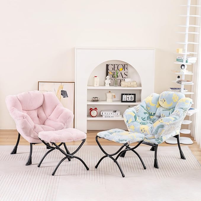 Welnow Toddler Kids Lazy Chair with Ottoman, Accent Comfy Lounge Children Armchair Couch with Armrest and Removable Cover, Detachable Reading Chair with Footrest for Boy or Girl, Plush Pink - LeafyLoom
