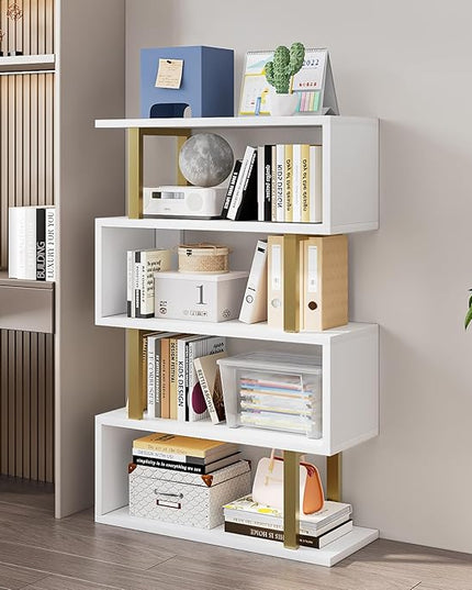 Bookshelf geometric bookcase S Shaped industrial bookshelf Storage Display Stand Shelf for Living Room Bedroom and office Room (White, 4 Tier) - LeafyLoom
