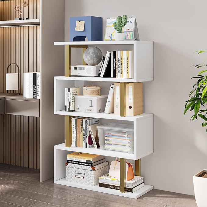 Bookshelf geometric bookcase S Shaped industrial bookshelf Storage Display Stand Shelf for Living Room Bedroom and office Room (White, 4 Tier) - LeafyLoom
