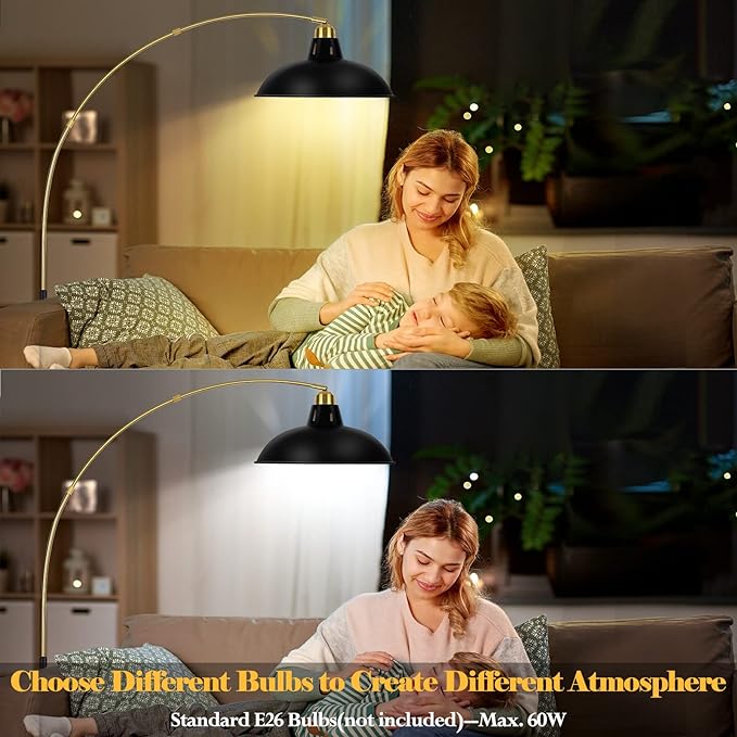 Arc Floor Lamp for Living Room, Marble Base Standing Lamp - Black Gold Floor Lamps with 360° Rotatable Arm, Industrial Tall Lamp Metal Material, Reading Lamp for Bedroom Couch Sofa Desk - LeafyLoom