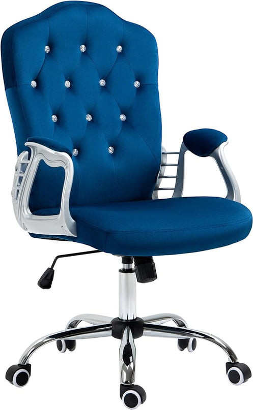 Vinsetto Home Office Chair, Velvet Computer Chair, Button Tufted Desk Chair with Swivel Wheels, Adjustable Height, and Tilt Function, Blue - LeafyLoom