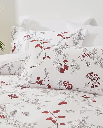 EMME Twin Comforter Set - Red Floral Bedding Set 5 PCS with Flowers Leaves Pattern, Soft Plant Printed Botanical Bed Set with Sheets, Fluffy Bed Bag for All Season(68"X90") - LeafyLoom