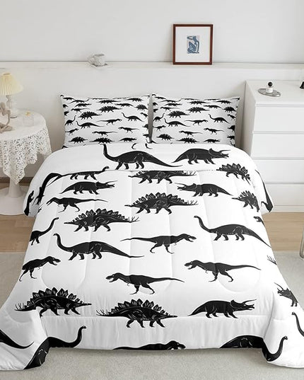 Erosebridal Dinosaur Down Comforter Dino Silhouettes Bedding Set King Size, Wildlife Animals Black White Comforter Sets for Kids Boys Teens Adult Bedroom, Dinosaurs Comforter with 2 Pillow Cases - LeafyLoom
