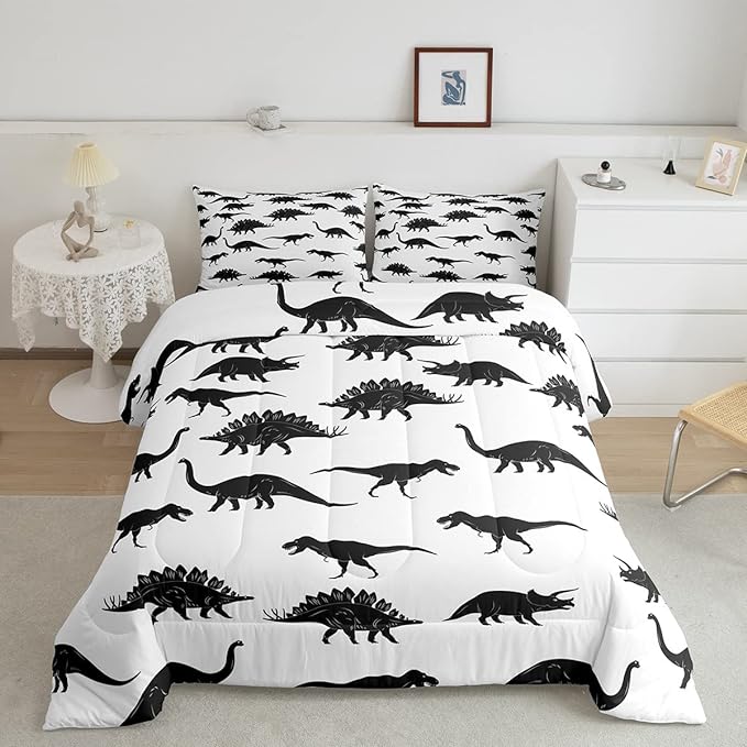Erosebridal Dinosaur Bedding Set Dino Silhouettes Comforter Set Full Size, Wildlife Animals Black White Quilted Duvet for Kids Boys Teens Adult Bedroom Decor Dinosaurs Comforter with 2 Pillow Cases - LeafyLoom