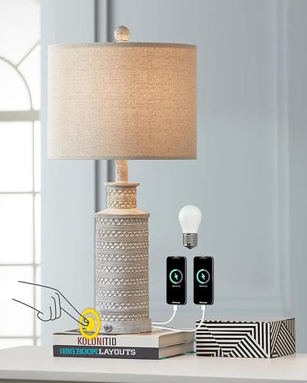 BOBOMOMO USB A+C 3-Way Dimmable Touch Control Table Lamp Set of 1 Vintage Rustic Farmhouse Traditional Nightstand Bedside Lamps(1 Bulb Included) - LeafyLoom