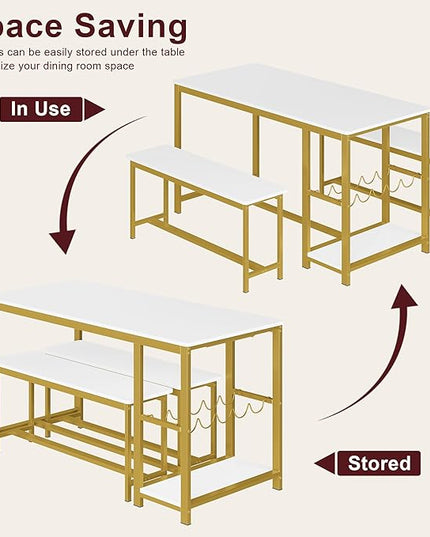 3-Piece Kitchen Table for 4, 55" Dining Table Set with 2 Benches, Dining Room Table with Metal Frame, Storage Shelf, Wine and Glass Rack, Modern (white) (White) - LeafyLoom