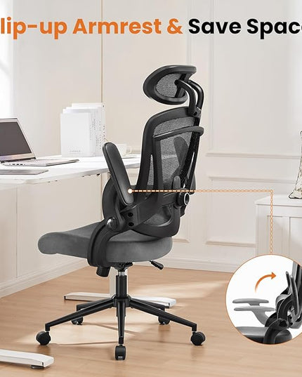 Ergonomic Office Chair, High Back Desk Chair with Adjustable Lumbar Support & Headrest,Comfortable Mesh Computer Chair with Soft Flip Up Arms, Adjustable Height and 120°Tilt,Grey - LeafyLoom