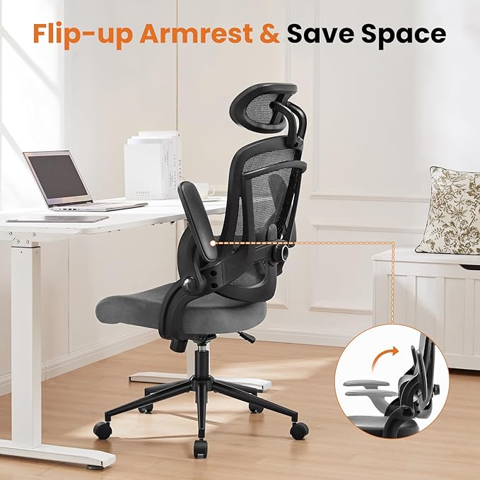 Ergonomic Office Chair, High Back Desk Chair with Adjustable Lumbar Support & Headrest,Comfortable Mesh Computer Chair with Soft Flip Up Arms, Adjustable Height and 120°Tilt,Grey - LeafyLoom