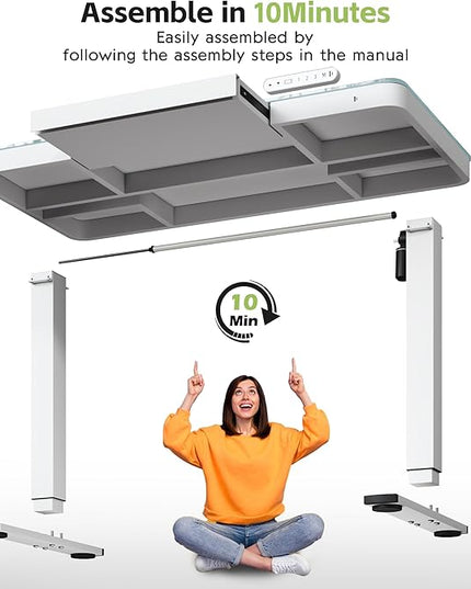 Electric Standing Desk with Drawer, 48 x 24 inches with Preassembled Top & USB Charging Ports, Height Adjustable for Home & Office, White Glass - LeafyLoom