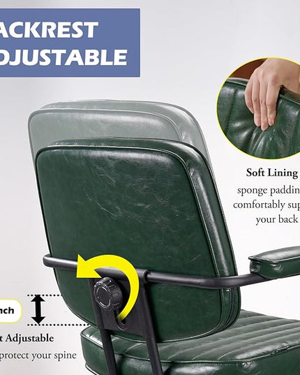 Arts Wish Mid Century Office Chair, Green Leather Desk Chair with Wheels and Arms, Adjustable Seat Height and Backrest, Suitable for Home or Office Use - LeafyLoom