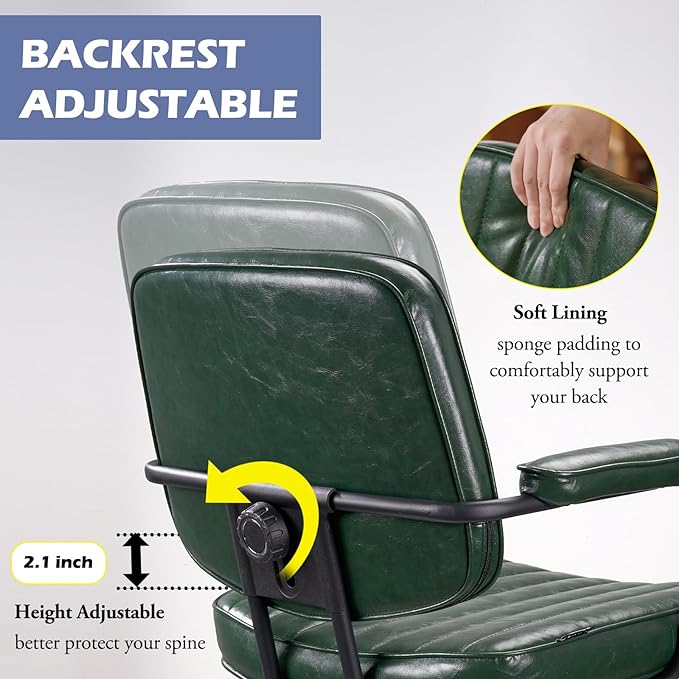 Arts Wish Mid Century Office Chair, Green Leather Desk Chair with Wheels and Arms, Adjustable Seat Height and Backrest, Suitable for Home or Office Use - LeafyLoom