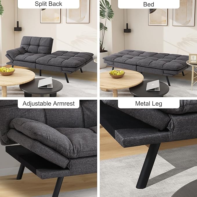 MUUEGM Futon Sofa Bed Couch - Convertible Sofa Bed, Loveseat Sleeper Sofa with Adjustable Backrest, Memory Foam Folding Futon for Living Room, Small Space, Apartment, Office, Grey - LeafyLoom