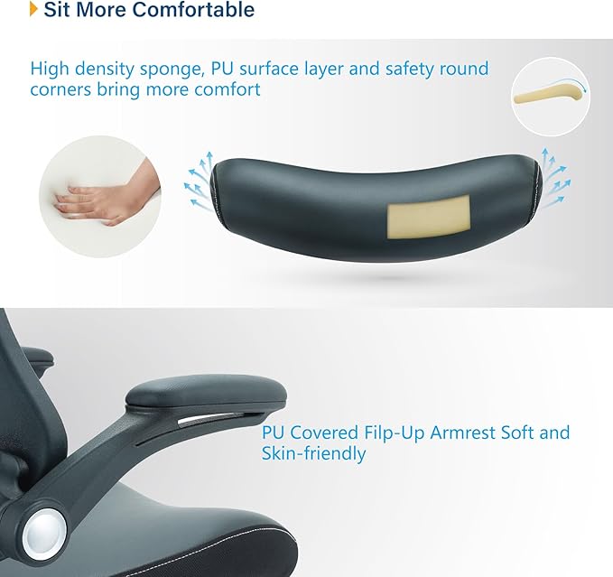 Office Chair Ergonomic Desk Chair with PU Leather Cushion Home Office Desk Chair, Computer Task Chair with Adjustable Lumbar Support & Flip-up Arms Swivel Mesh Back Executive Chair - LeafyLoom