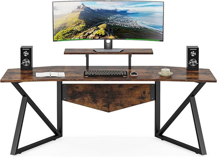 70.9" Large Computer Desk Home Office Desk Wing-Shaped Gaming Studio Desk, Rustic Brown - LeafyLoom