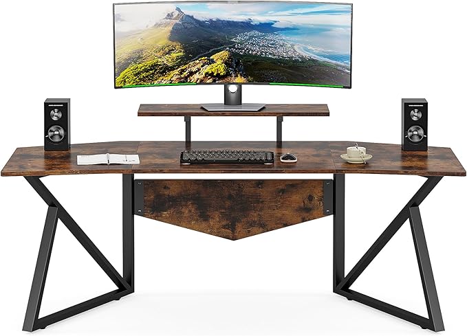 70.9" Large Computer Desk Home Office Desk Wing-Shaped Gaming Studio Desk, Rustic Brown - LeafyLoom