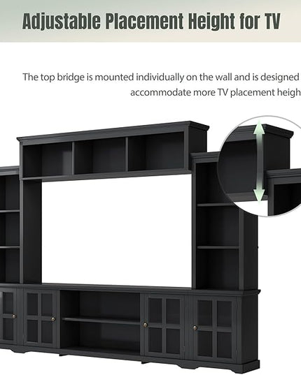 Four in One Entertainment Wall Unit w/Bridge, Multifunctional Stand for TVs Up to 70", Media Console Table with Tempered Glass Door for Living Room, 104 inch, Black - LeafyLoom