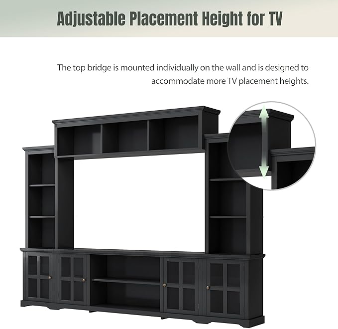 Four in One Entertainment Wall Unit w/Bridge, Multifunctional Stand for TVs Up to 70", Media Console Table with Tempered Glass Door for Living Room, 104 inch, Black - LeafyLoom
