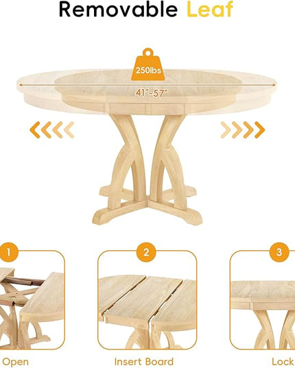 Farmhouse Round Pedestal 15.8" Removable Leaf, Extendable Kitchen w/Ladder Back Chairs, for Small Places, Room, 5 Piece Dining Table Set, Natural 16 - LeafyLoom